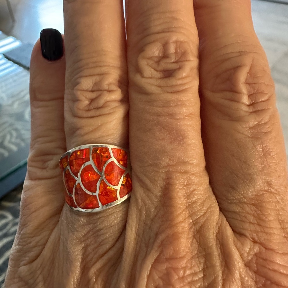 Silver and Orange Mosaic Ring